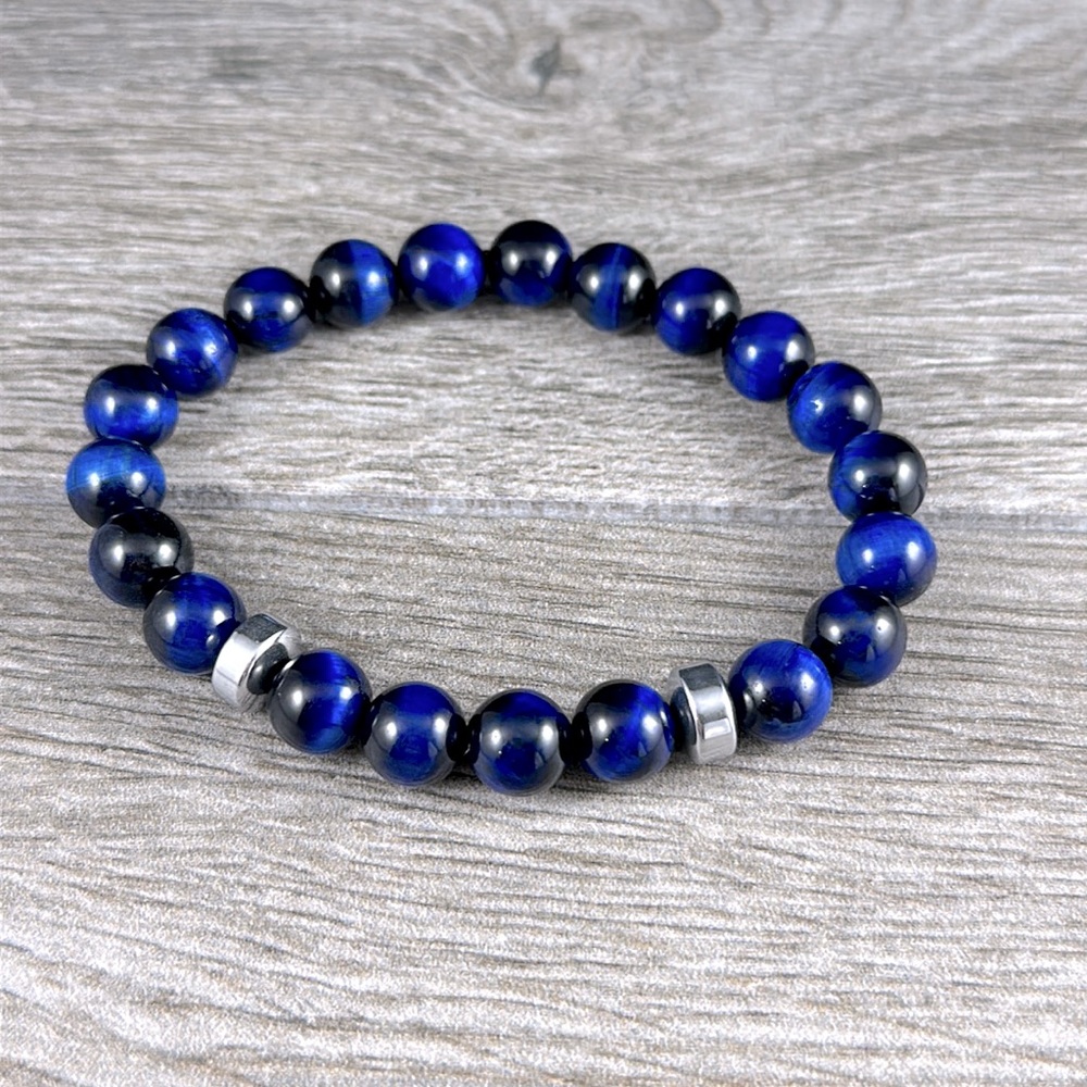 Genuine blue tiger’s eye handcrafted mens bracelet. 10mm. Sz 7.75”